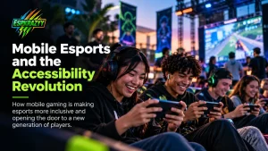 Mobile esports players competing together on smartphones at a gaming event